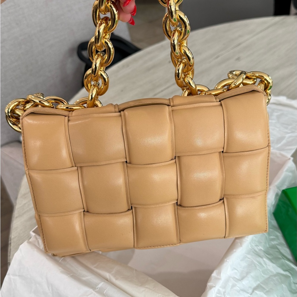 Bottega Veneta Tan Woven Leather Bag with Gold Chain